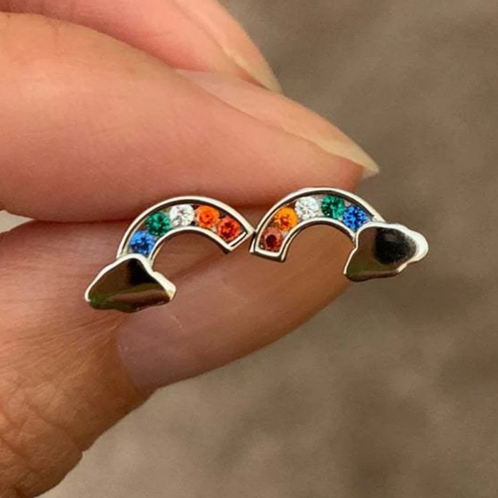 Silver Rainbow Stud Earrings - Picture 1 of 4